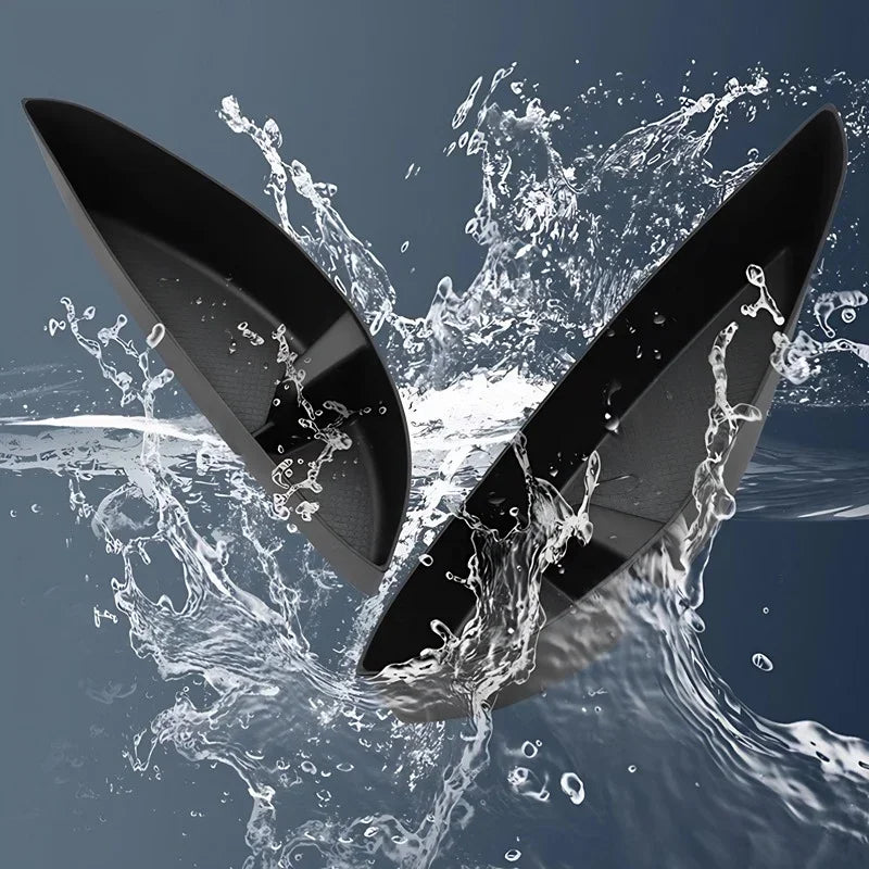 Waterproof black matte car floor mats splashing through water for durable protection.