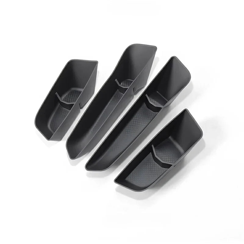 Set of four matte black textured TPE car organizer trays for BYD aftermarket storage.