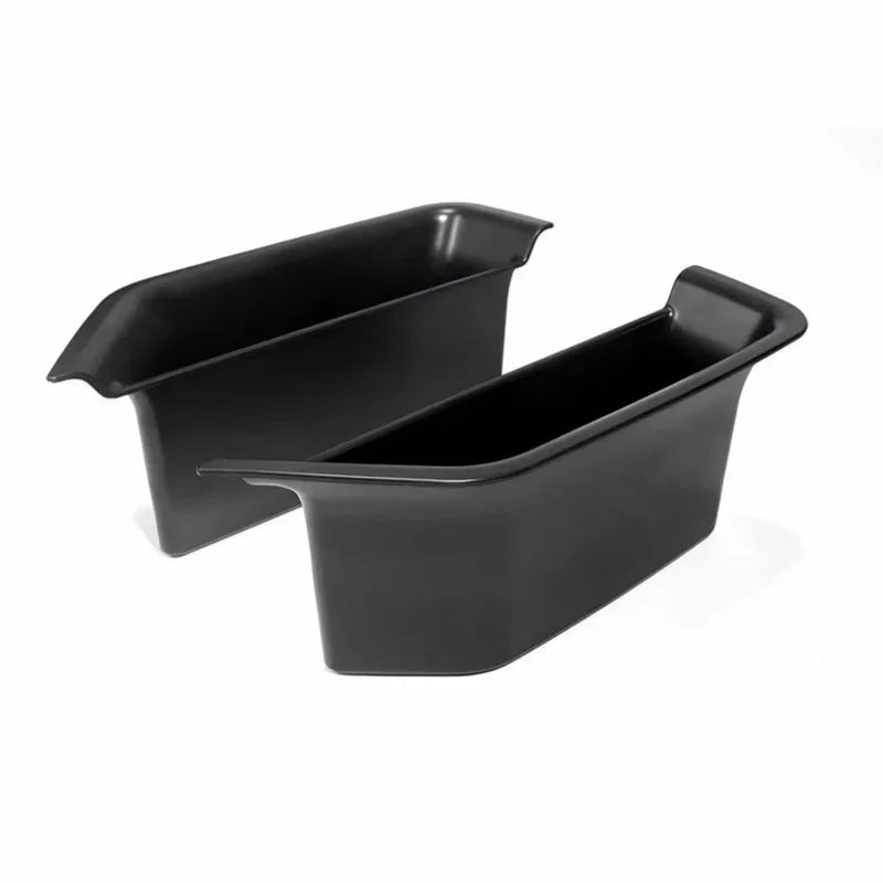 Pair of sleek black matte plastic trunk organizer trays for BYD vehicle storage.