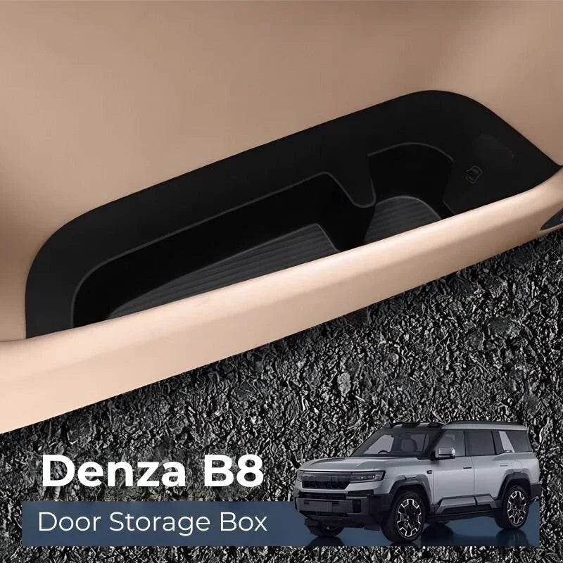 Black textured plastic Denza B8 door storage box tray for organized car interior storage.