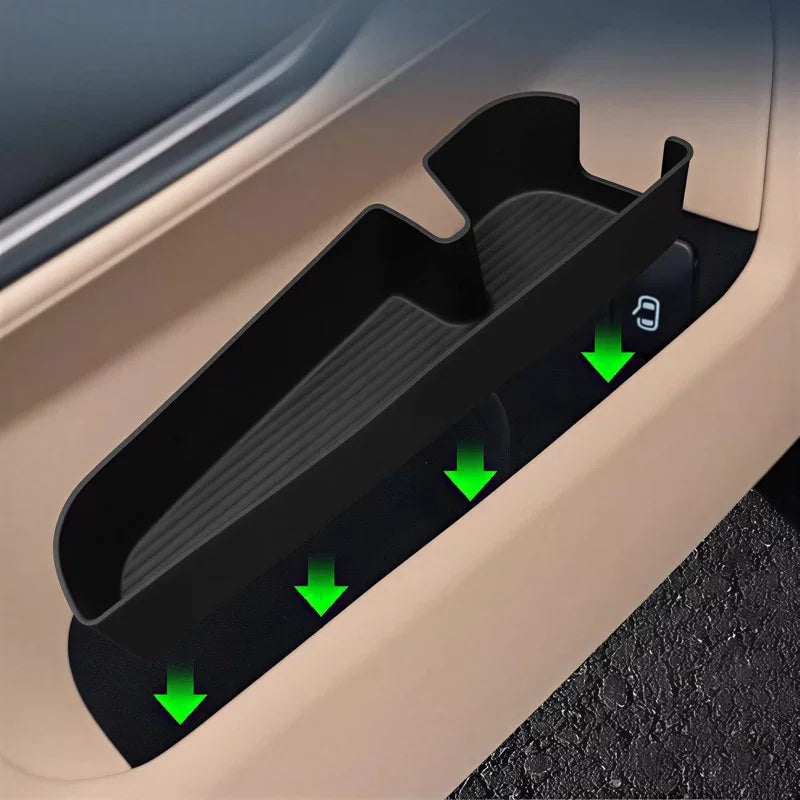 Black durable plastic door pocket organizer for car interior storage.