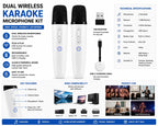 Rechargeable dual wireless microphone set with USB receiver and USB-C charging cable for karaoke, presentations, and live events.