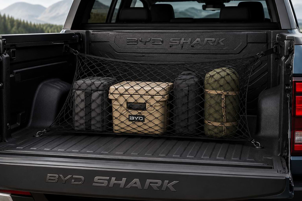 BYD Shark 6 trunk storage net size guide featuring 110x60cm and 70x70cm elastic cargo organizer options with durable mesh construction, secure hooks, and easy installation.