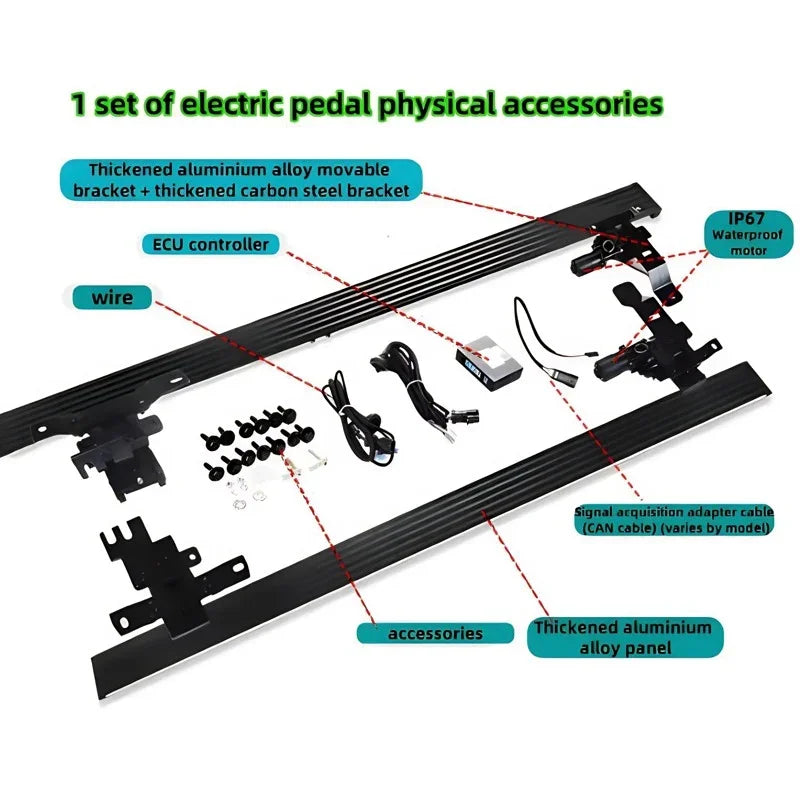 Electric pedal physical accessories set including black aluminium alloy and carbon steel components.