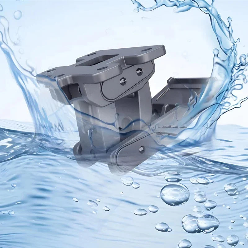 Durable grey heavy-duty plastic bracket component splashing through clear water.