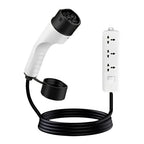 Portable electric vehicle charging cable with white EV plug and black coiled power cord.