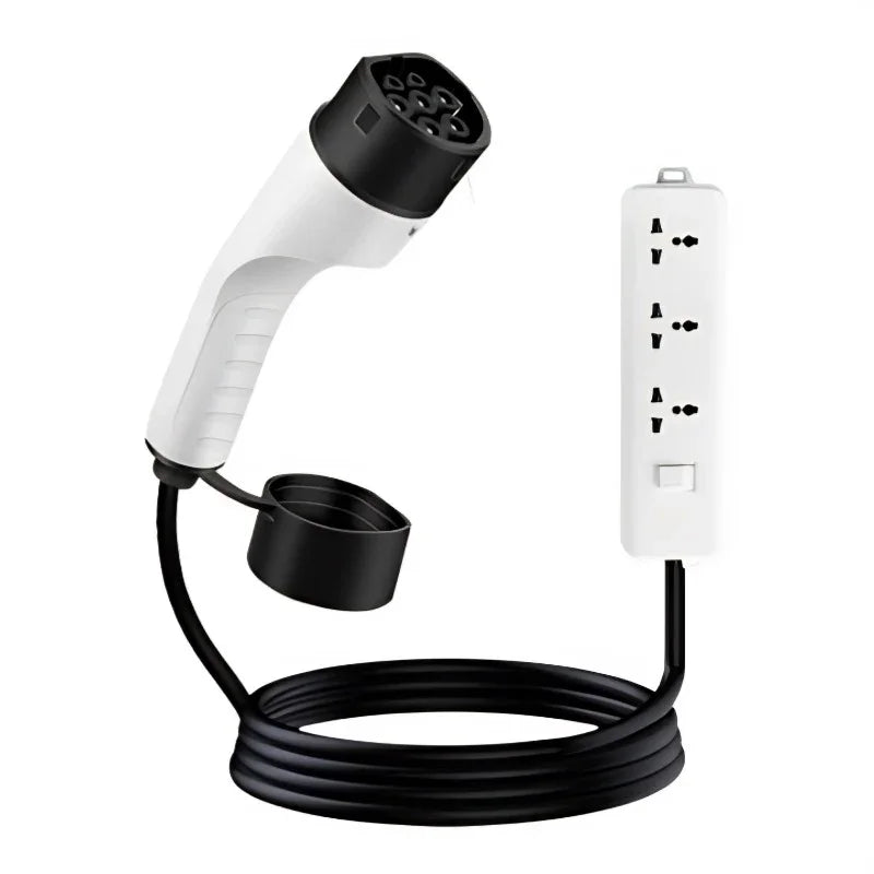 Portable electric vehicle charging cable with white EV plug and black coiled power cord.