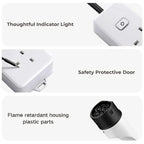 Close-up features of a white electric vehicle charging plug showing an indicator light, safety door, and flame retardant plastic housing.