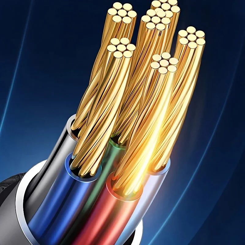 High-conductivity gold-colored copper stranded wires inside a multi-colored insulated cable.