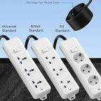 Three white plastic universal, British, and EU standard power strip adapters with black cables.