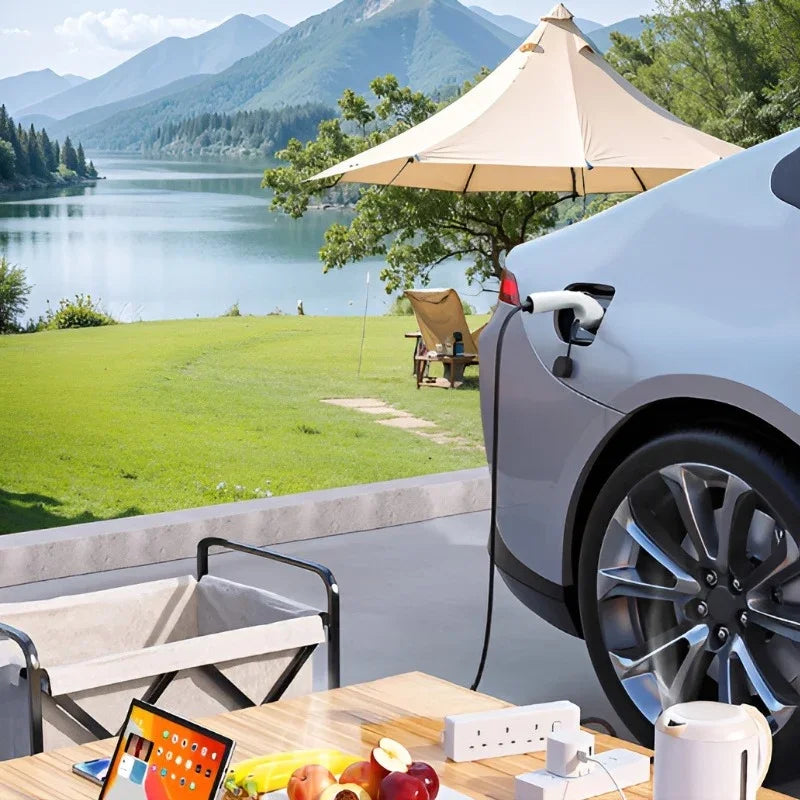 Silver electric car charging outdoors with a white portable power adapter on a wooden table.