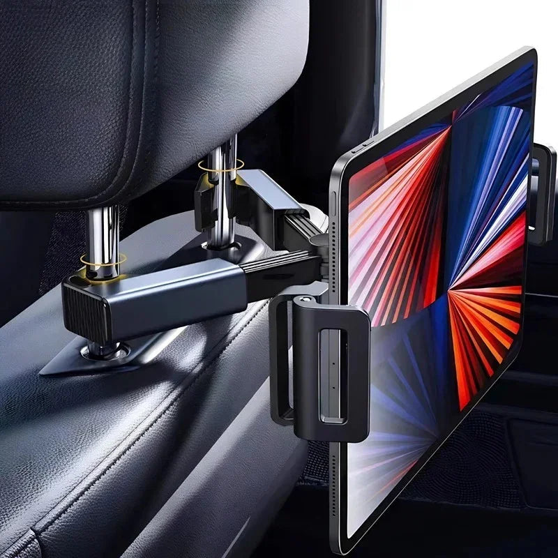 Professional black metal adjustable tablet holder mounted to car headrest poles.