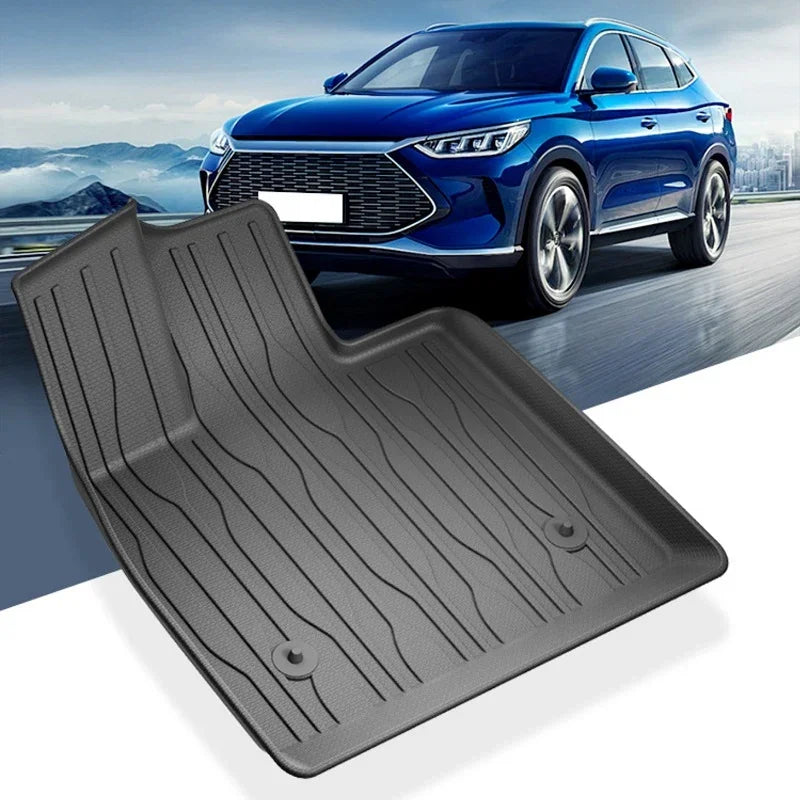 Custom-fit black textured all-weather rubber car floor mat for BYD SUV.