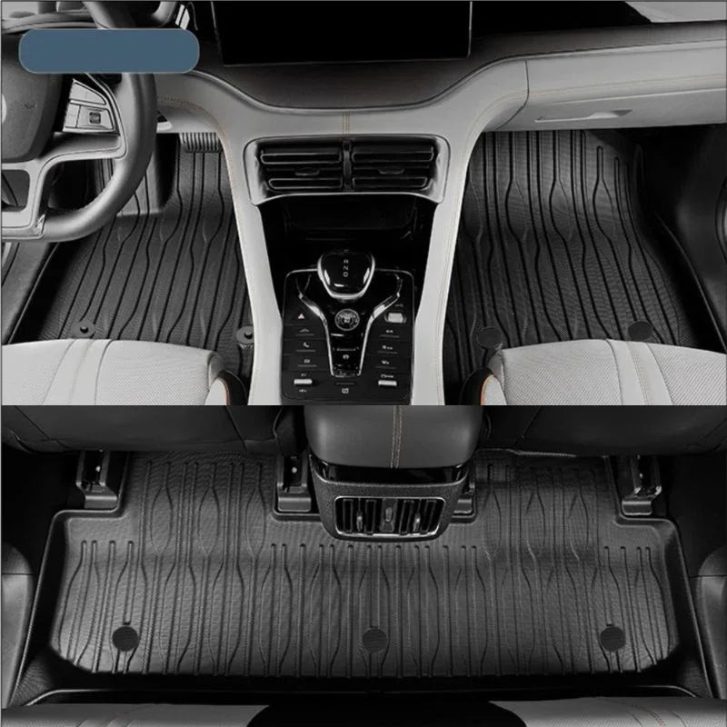 Black textured all-weather TPE car floor mats for front and rear interior.