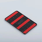 Black and red striped anti-slip floor mat with durable rubber material for car protection.