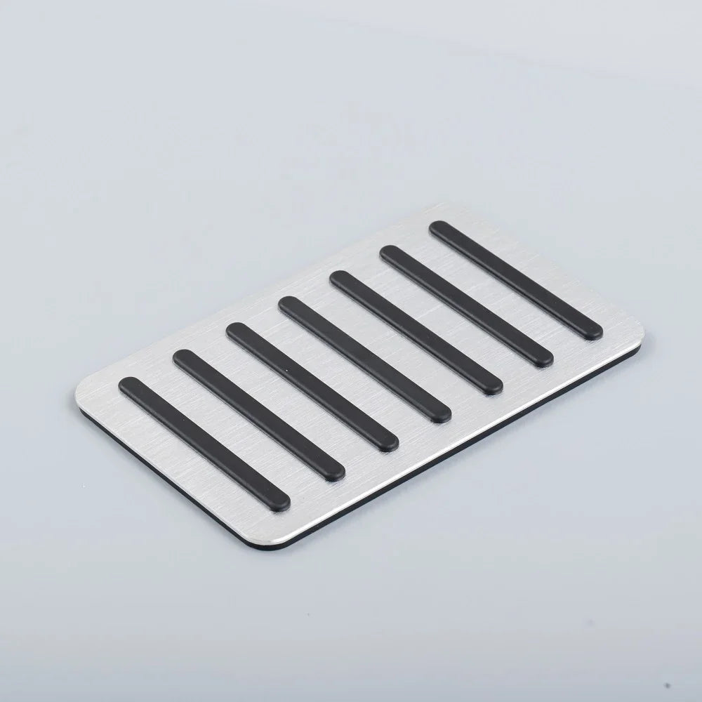 Silver brushed aluminum car pedal pad with black anti-slip rubber strips
