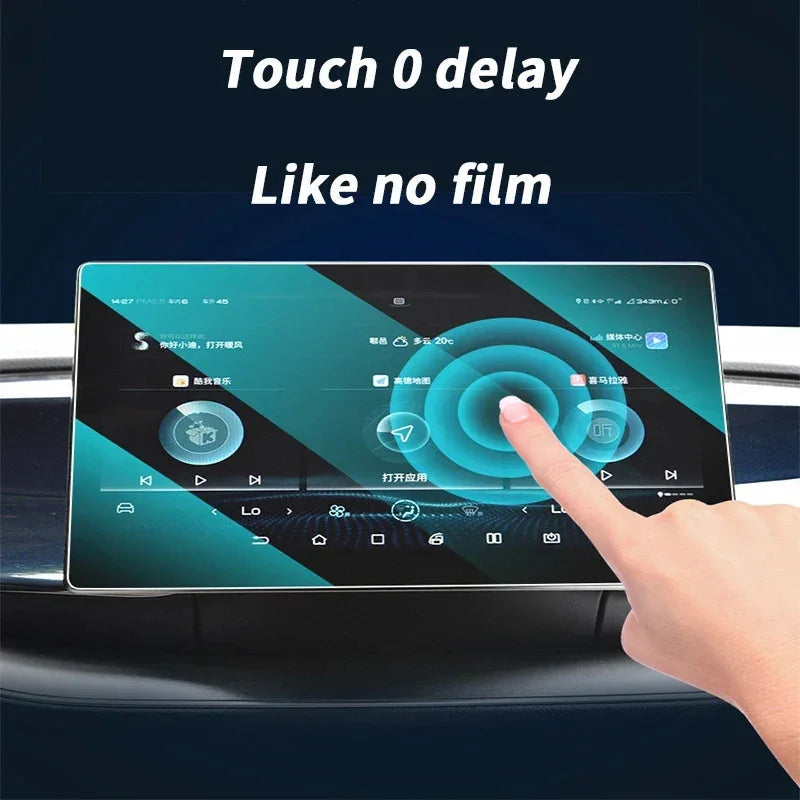 A finger touching a clear screen protector on a car infotainment system, demonstrating zero touch delay.