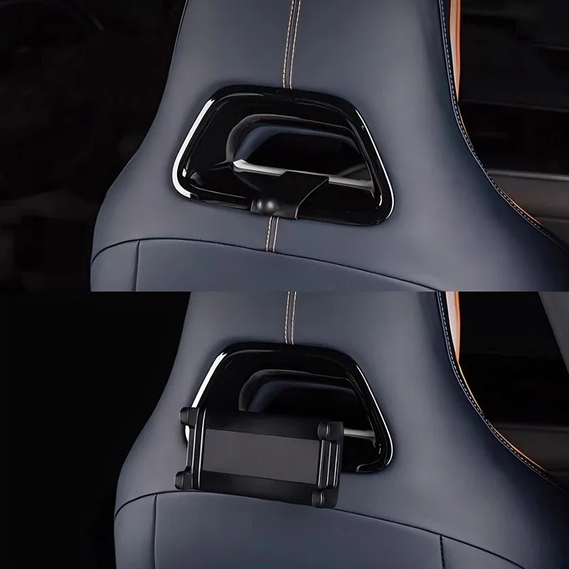 Premium navy blue leather car seat with integrated black gloss storage organizer and contrast stitching.