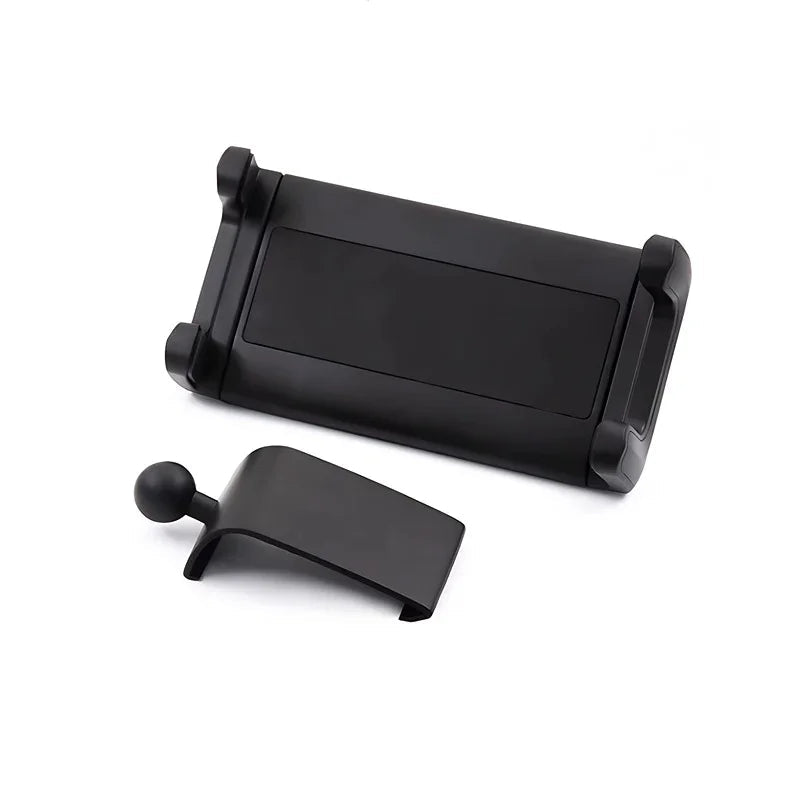 Black matte plastic smartphone holder with adjustable cradle and mounting clip for car interior