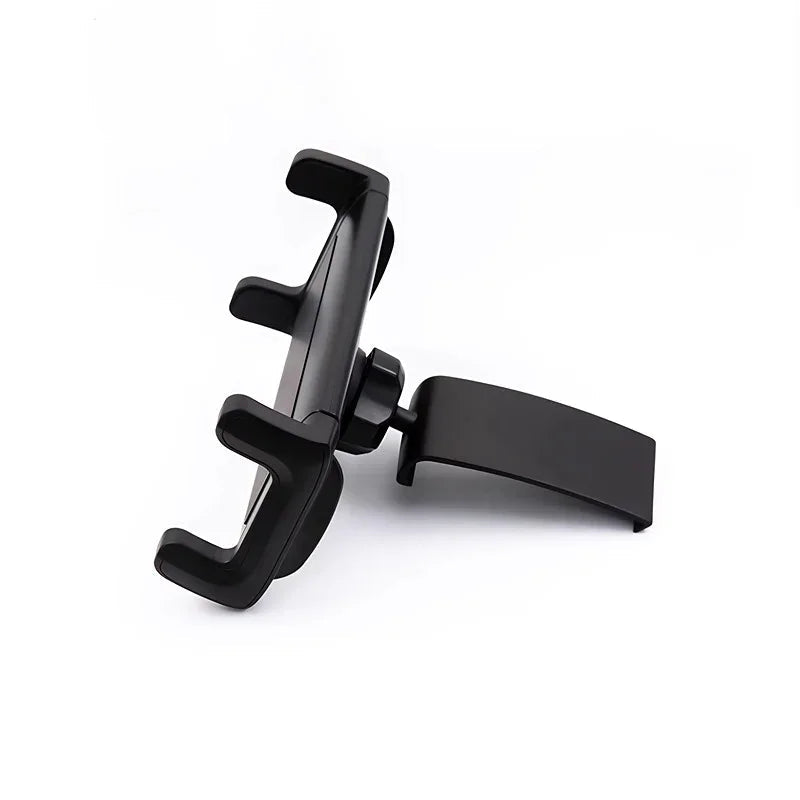 Black plastic car phone mount with adjustable arms and a sturdy mounting clip.