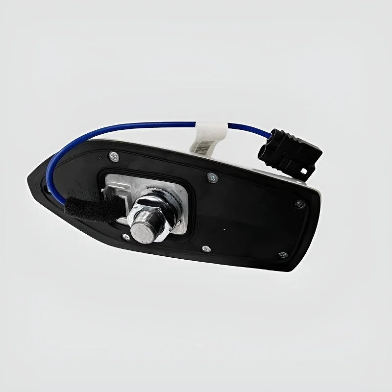 Black heavy-duty electrical connector component with blue wiring and silver metal bolt.