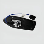 Black heavy-duty electrical connector component with blue wiring and silver metal bolt.