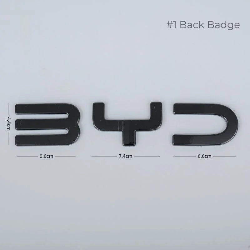 Glossy black BYD back badge emblem with precise dimensions for car exterior styling.