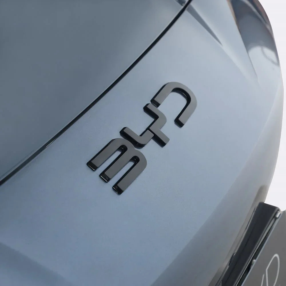 Matte black BYD emblem badge mounted on a smooth light blue car body.