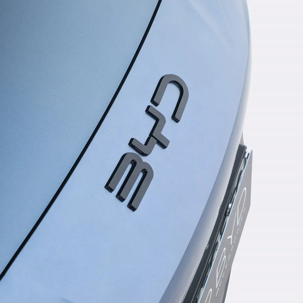 Close-up of the black BYD emblem on a smooth, light blue car body.