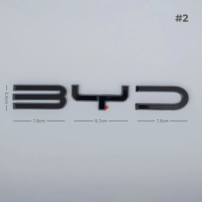 Glossy black 3D BYD car emblem with precise dimensions for aftermarket installation.
