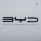 Glossy black 3D BYD car emblem with precise dimensions for aftermarket installation.