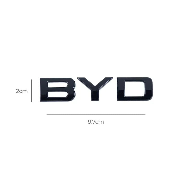 Glossy black BYD car emblem measuring 9.7cm by 2cm.