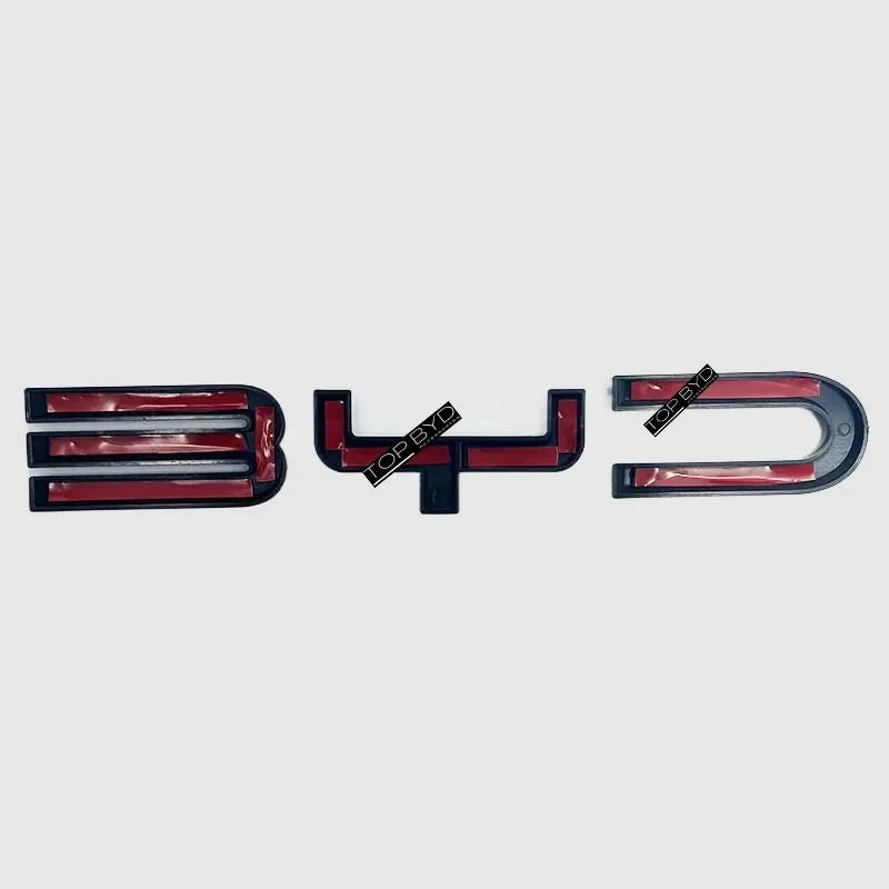 Red and chrome BYD aftermarket car emblems with protective adhesive film