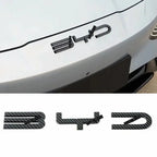 Black carbon fiber pattern BYD emblem decals for car exterior styling.