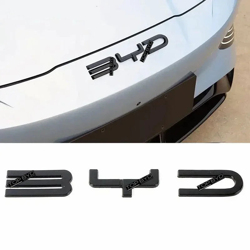 Glossy black BYD car emblem letters made of durable ABS plastic for vehicle styling.