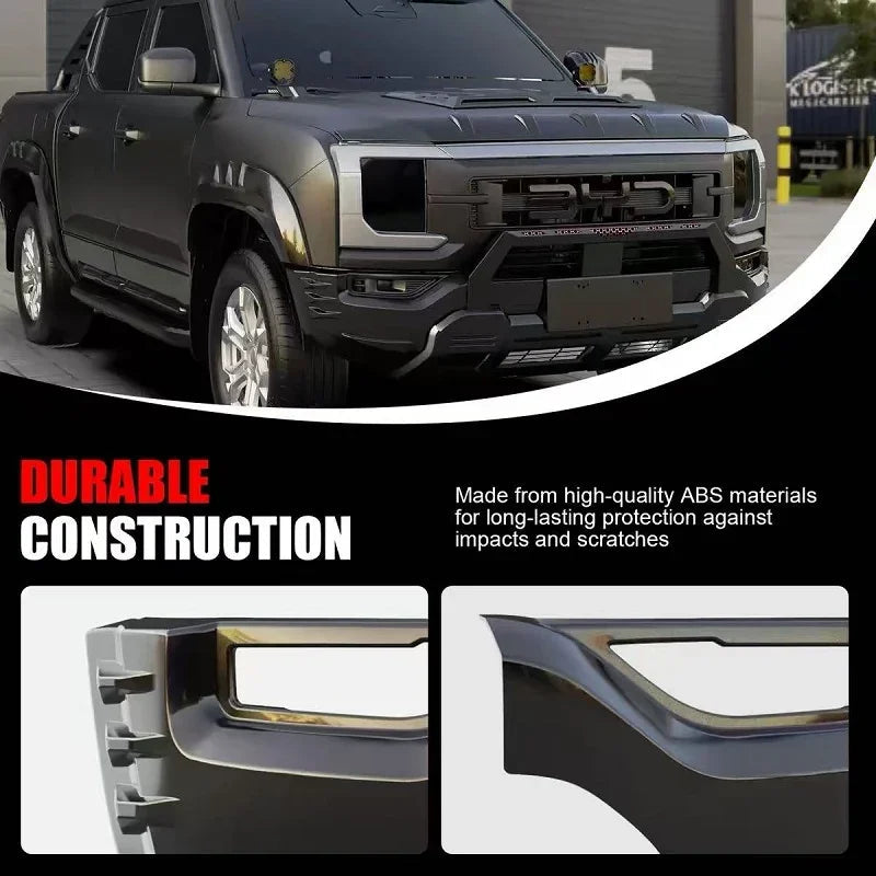 Durable black ABS material headlight trim accessories for BYD pickup truck.