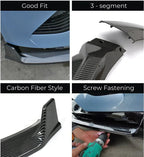 3-segment carbon fiber style black front lip spoiler for precise fit and secure screw fastening.