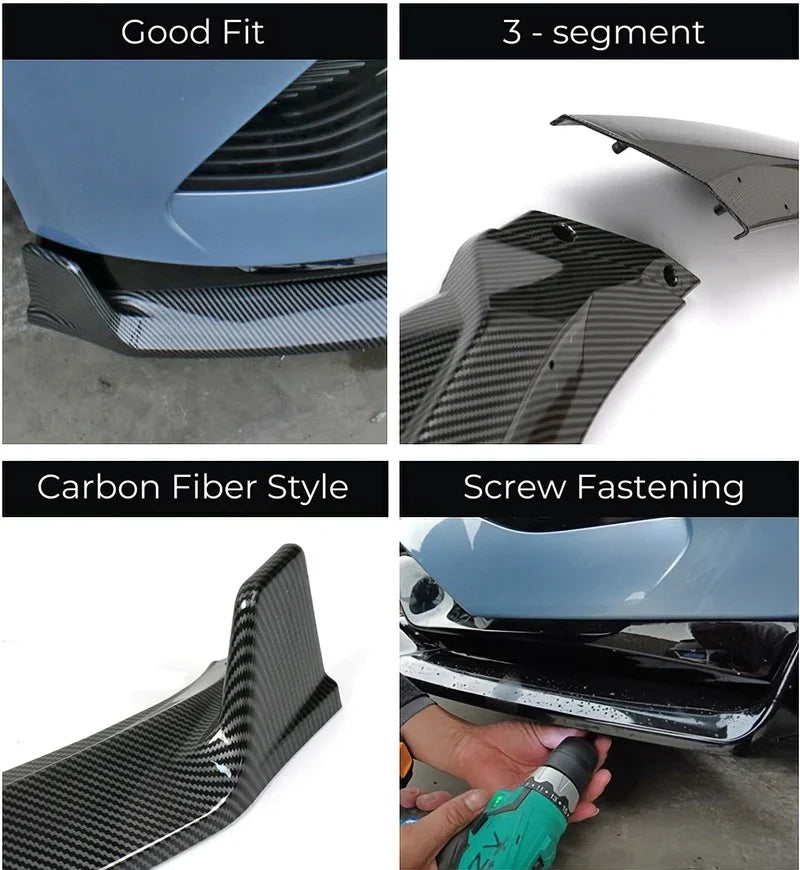 3-segment carbon fiber style black front lip spoiler for precise fit and secure screw fastening.