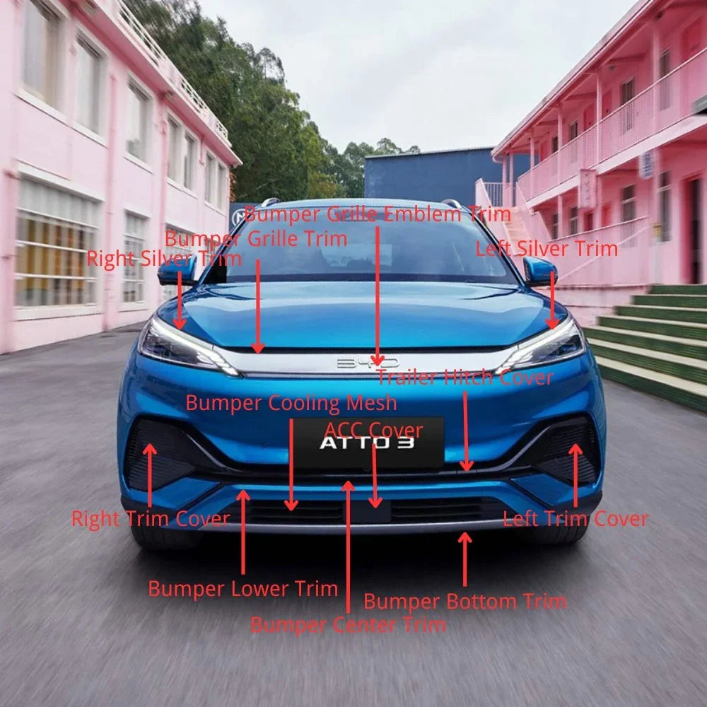 Blue BYD ATTO 3 electric SUV with various labeled exterior bumper trim parts.