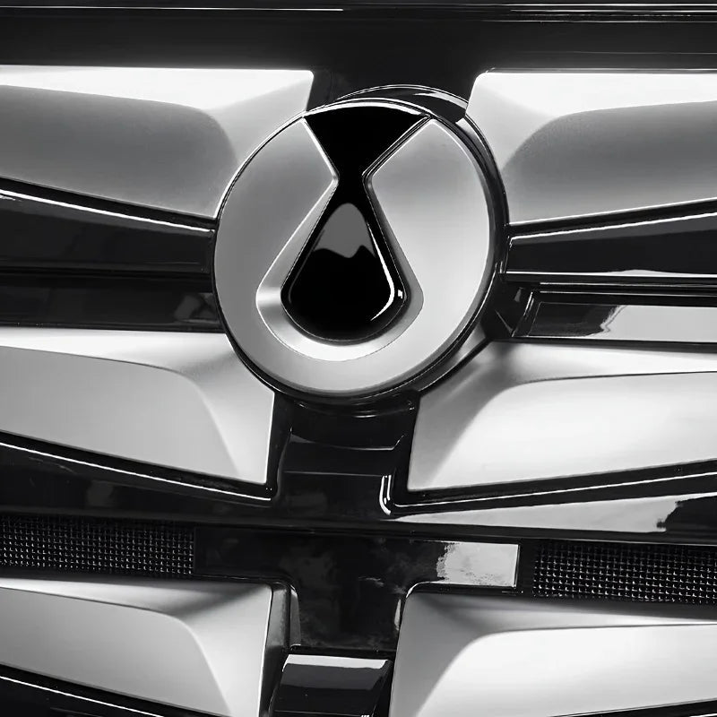 Close-up of a sleek, metallic silver BYD emblem mounted on a polished black automotive grille.
