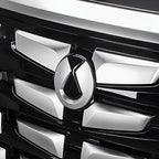 Close-up of a silver BYD emblem on a black textured automotive front grille.