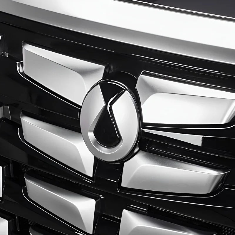 Close-up of a silver BYD emblem on a black textured automotive front grille.