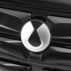Close-up of a silver chrome car emblem on a glossy black vehicle grille.
