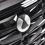 Close-up of a glossy black car grille featuring a sleek silver and black emblem.