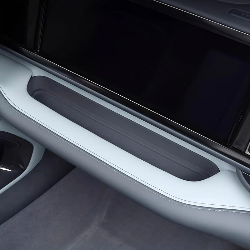 Grey synthetic leather interior dashboard storage tray with precise stitching for BYD.