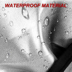 Waterproof silver fabric material with water droplets demonstrating liquid resistance.
