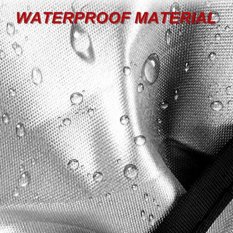 Waterproof silver fabric material with water droplets demonstrating liquid resistance.