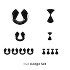 Glossy black emblem badge set featuring various sizes for car exterior customization.