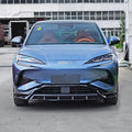 Front view of a blue BYD electric car with a sleek design and sporty black lower trim.