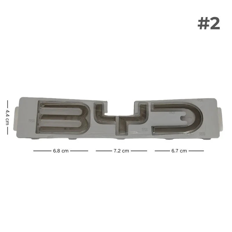 Silver metallic BYD emblem with precise dimensions for automotive aftermarket accessory.